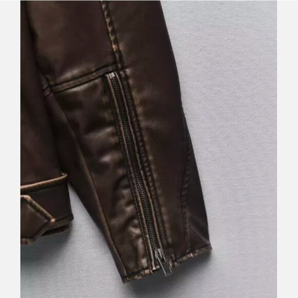 Zara Women XL Faux Leather Distressed Biker Jacket Charcoal Vegan Motorcycle - Picture 9 of 15